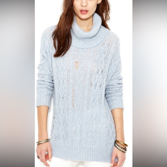 Free People Sweater Complex Cable Turtleneck blue boho $138 knit spring classic - Picture 1 of 8